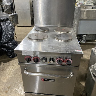 Cookline ER24208 commercial stainless steel 4-burner range/oven combo with backsplash, wired oven rack, and legs. 208V.