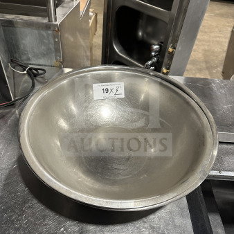 Commercial stainless steel mixing bowl in good condition with a capacity note marked "19X QTY".
