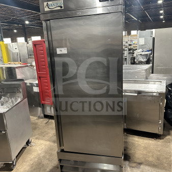 Avantco solid single door stainless steel reach-in freezer, model 174381838, featuring poly coated wire rack and serial number 6590170119100194.