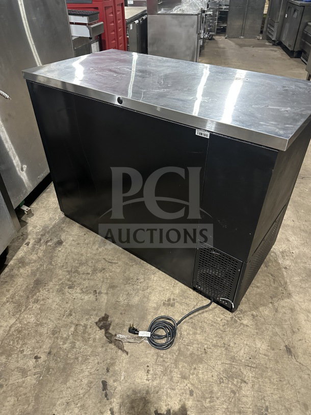 True commercial stainless steel refrigerated beer back, model TBB-24-48G-SD-LD, with sliding glass doors, poly-coated wired rack, and stainless steel worktop.
