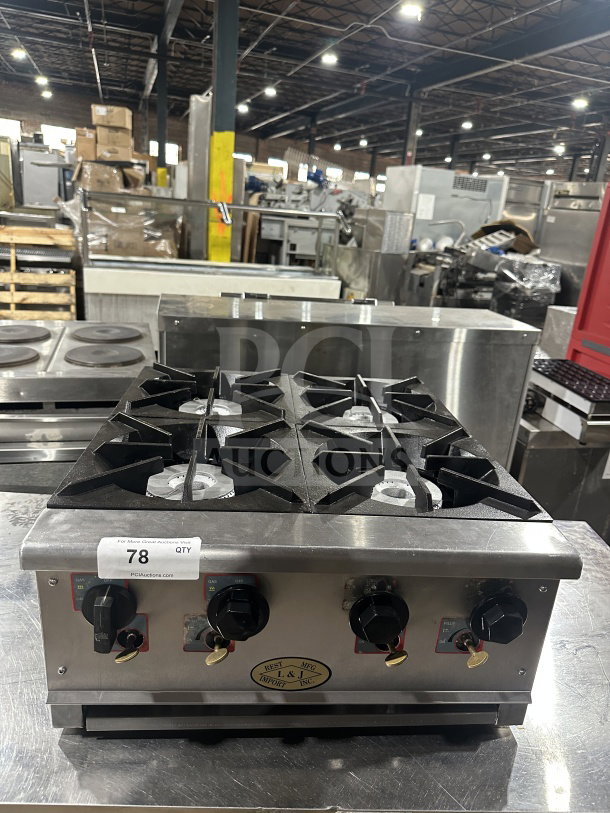 L&J Bunn stainless steel 4-burner countertop hot plate, gas powered, commercial use, with control knobs, good condition.