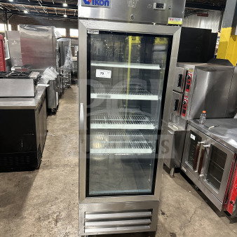 Ikon IB27FG commercial stainless steel freezer with a single glass door, poly coated wire rack, and casters.