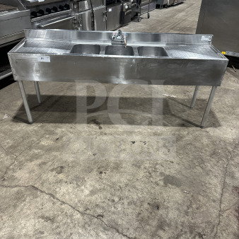 Krowne commercial stainless steel 3-compartment underbar sink with left and right drainboards, backsplash, and legs.