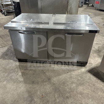Continental stainless steel refrigerated salad/sandwich prep table with night covers, 2 solid-door storage, SN: 159B8977, 115V 1 Phase.