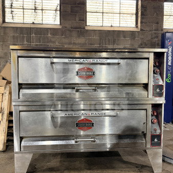 American Range Stone Bake Series stainless steel double deck pizza oven, model ARSD606BL, natural gas, on legs, used condition.