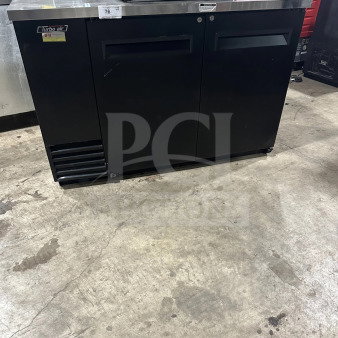 Turbo Air TBB-2SB black 2-door bar back cooler with stainless steel worktop, poly-coated rack, and casters; Model: TBB2SB.