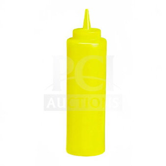 TableCraft Commercial 12oz yellow squeeze bottle, new in box, for condiments. Durable plastic, easy dispensing cap.