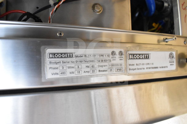 Brand new Blodgett BLCT-101 Combi Convection Oven label showing model, phase, volts, and safety certifications.