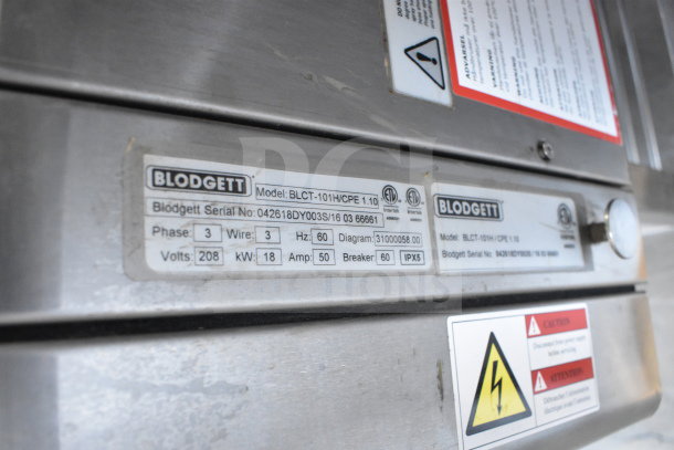 Blodgett BLCT-101H Combi Convection Oven label; 208V, 3-phase; serial number visible; features scratch and dent condition.