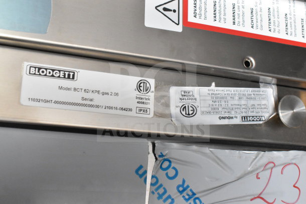 Brand new Blodgett KPE-gas 2.06/BCT 62 commercial gas combi oven with labels, model, and serial numbers displayed.