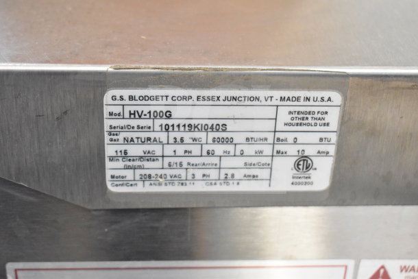BRAND NEW Blodgett HV100G Convection Oven label with model, serial number, gas type, and BTU rating. Made in USA.