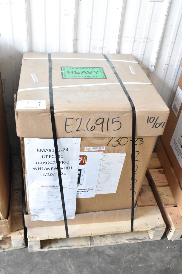 New Perfect Fry UPFC730 ventless deep fryer in box. Model UPFC730. Box has labels indicating heavy and fragile.