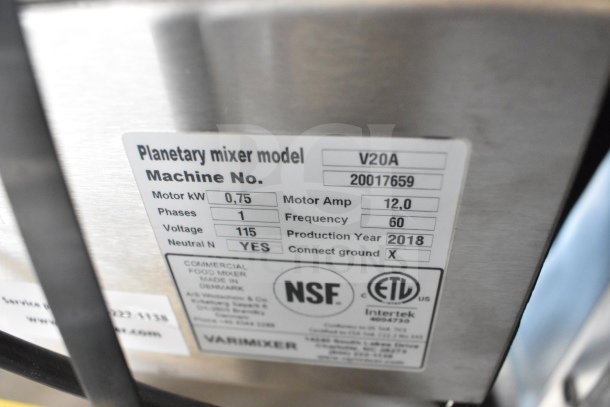 2018 Varimixer V20A commercial mixer label showing model, machine number, 115V, 1 phase, 12A.