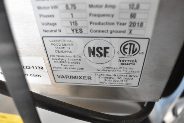 BRAND NEW 2018 Varimixer V20A 20 Quart Dough Mixer, 115V, with mixer label showing specs and certifications.