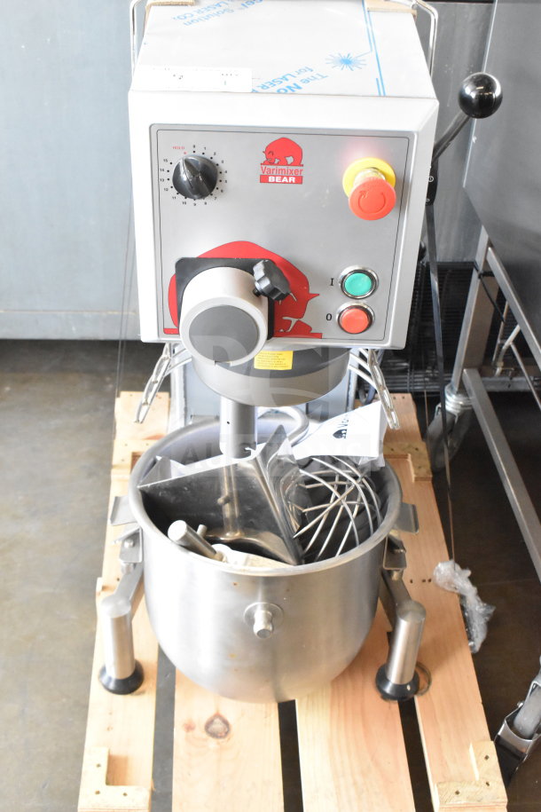 Brand new 2018 Varimixer V20A commercial 20-quart dough mixer with bowl, guard, whisk, paddle, and dough hook.