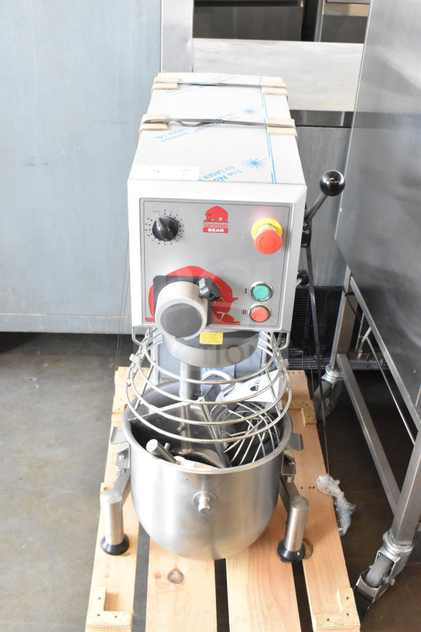 Brand new 2018 Varimixer V20A 20-quart dough mixer with bowl, guard, whisk, paddle, and hook. 115V, 1 phase.