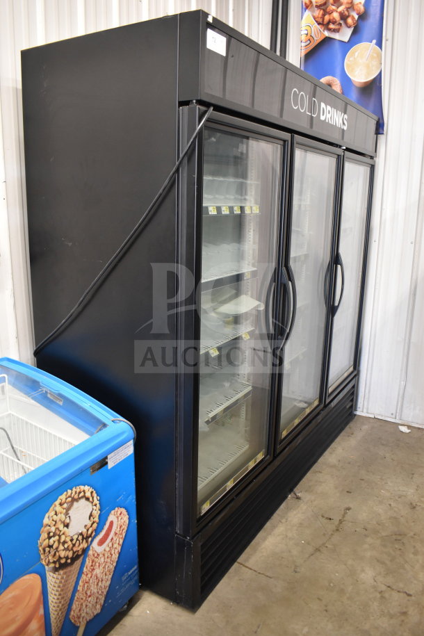 2018 True GDM-72-HC Commercial 3 Door Reach In Cooler, black exterior, glass doors, 115 volts, good condition.