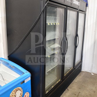 2018 True GDM-72-HC Commercial 3 Door Reach In Cooler, black exterior, glass doors, 115 volts, good condition.