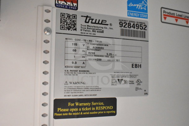 2018 True GDM-72-HC commercial cooler label; 115 volts, 1 phase; Energy Star; model and serial numbers visible.