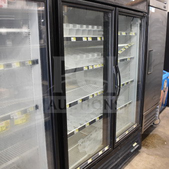 2018 True GDM-49-HC commercial 2-door cooler, black exterior, glass doors, 115 volts, labeled "Cold Drinks".