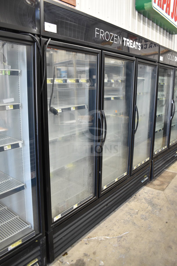 2018 True GDM-72F-HC Commercial 3 Door Freezer, 115/208-230V, 1 Phase. Glass doors, labeled "Frozen Treats."