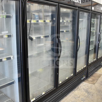 2018 True GDM-72F-HC Commercial 3 Door Freezer, 115/208-230V, 1 Phase. Glass doors, labeled "Frozen Treats."