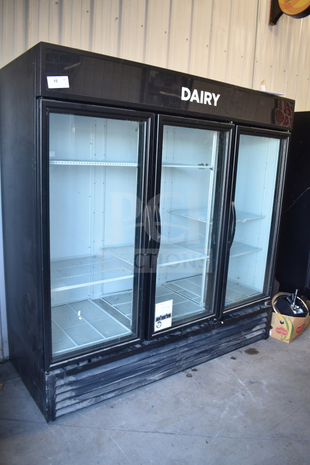 2019 True GDM-72-HC, 3-door commercial cooler, black, reach-in style, glass doors, "Dairy" label, used condition.