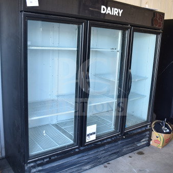 2019 True GDM-72-HC, 3-door commercial cooler, black, reach-in style, glass doors, "Dairy" label, used condition.