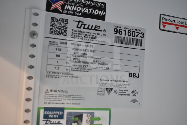 2019 True GDM-72-HC cooler label. Model and voltage details; uses R290 refrigerant. Serial number: 9616023.