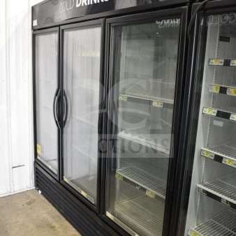 2018 True GDM-72-HC 3 Door Commercial Cooler, black, 115/208-230V, 1 phase, shelves inside, excellent condition.