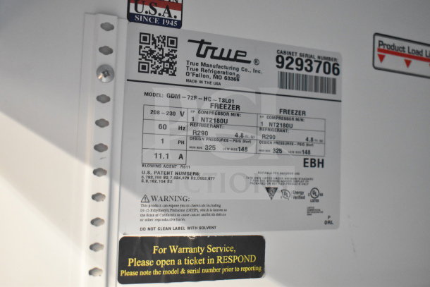 Label of a 2018 True GDM-72F-HC freezer, showing model, energy details, and serial number 9293706.