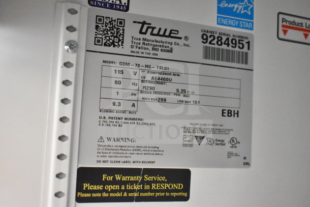 2018 True GDM-72-HC Cooler label showing 115 volts, 1 phase, model and serial numbers, and Energy Star rating.