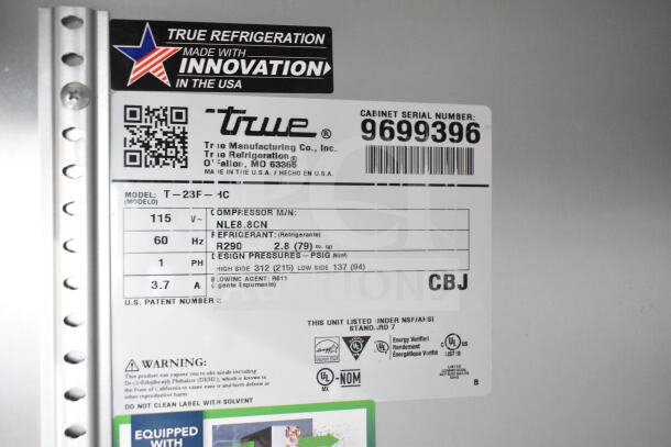 2019 True T-23F-HC Commercial Freezer, 115V, single door, model and specification labels visible, serial 9699396.