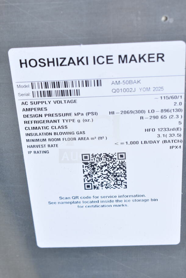 2025 Hoshizaki AM-50BAK ice maker label with model, serial number, electrical specs, and QR code for service info.