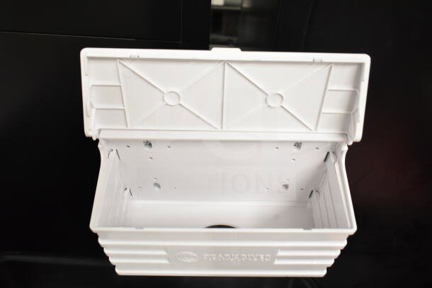 Ozark River Portable Sink with open compartment, commercial casters, white plastic, new condition, for hygiene and mobility.