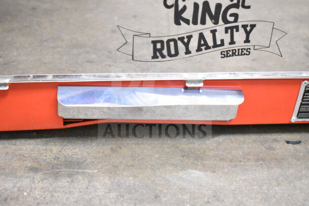 Brand new Carnival King PM30R Royalty Series 8 oz. red popcorn machine, 120V, scratch and dent condition, labels visible.