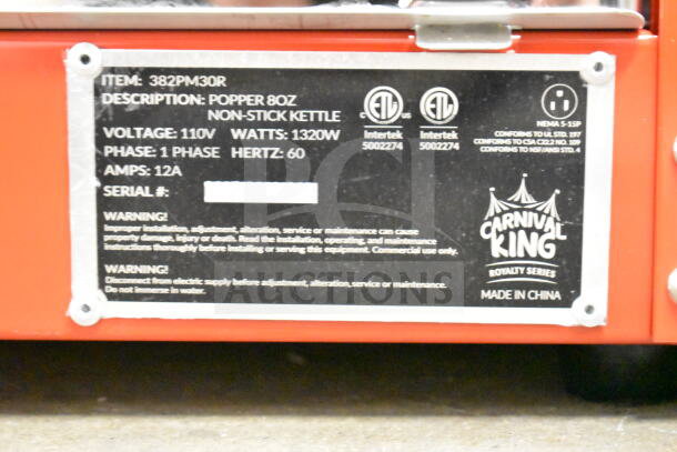 Brand new Carnival King PM30R 8 oz. red commercial popcorn machine, royalty series, 120V, 1 phase, scratch and dent.