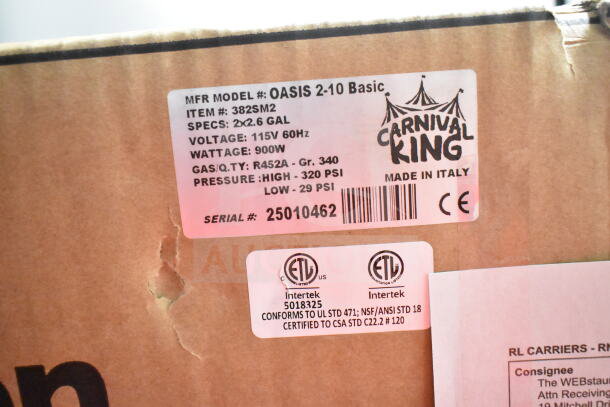 Box label for Carnival King Oasis 2-10 Basic Granita Machine; 2x2.6 gal, 115V, 900W, R452A gas, made in Italy. Serial: 25010462.