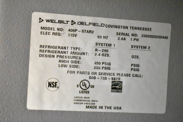 Label for 2023 Delfield 406P-STAR2 undercounter cooler, 115V, R-290 refrigerant, 2.4 oz, UL listed, Energy Star certified.