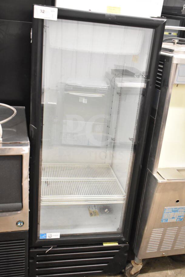 Imbera VR12 Commercial Single Door Reach In Cooler, black, 115 volts, 1 phase, glass door, interior shelf, good condition.