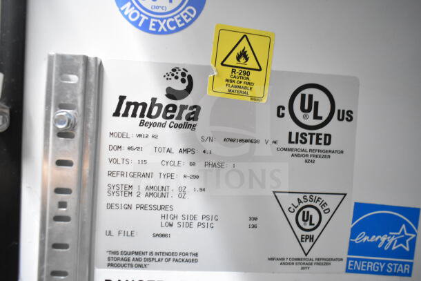 Imbera VR12 Commercial Single Door Reach-In Cooler label showing model, 115 volts, 1 phase, R-290 refrigerant, UL listed.