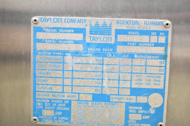 Taylor 754-33 Commercial Floor Water-Cooled Soft Serve Machine, 2 Flavor with Twist. 208-230V, 3 Phase, on casters.