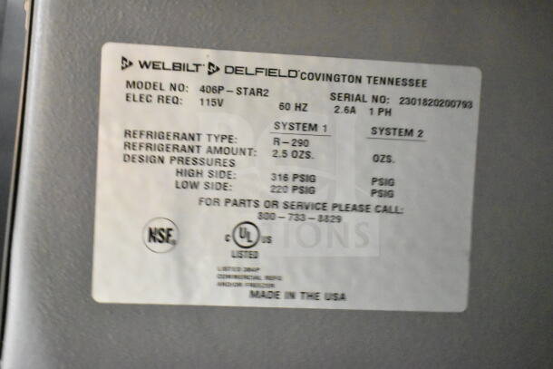 2023 Delfield 406P-STAR2 undercounter cooler label, showing 115V, 1 Phase, R-290 refrigerant, and pressure specs.