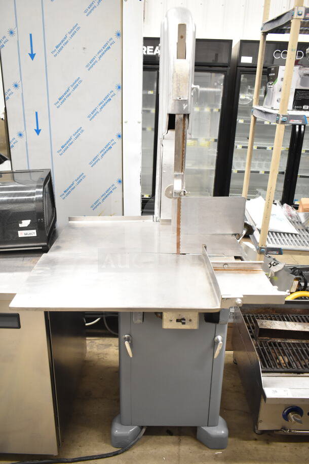 Biro 33 Commercial Floor Meat Saw, stainless steel table, sturdy base, visible blade, used condition, ideal for large operations.