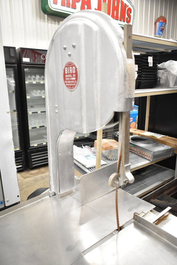 Biro 33 Commercial Meat Saw, floor-style, stainless steel, visible model label, used condition.