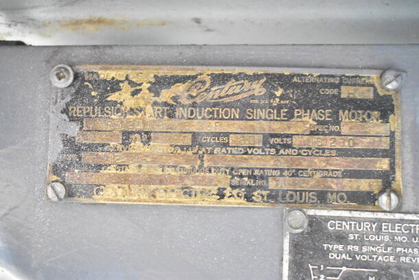 Biro 33 Commercial Floor Style Meat Saw, Century motor label with specs, visible wear, single-phase induction motor.