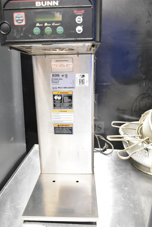 Bunn ICB-DV Commercial Coffee Machine, 120V, 1 Phase. Digital controls, warning labels visible. Clean, stainless steel finish.