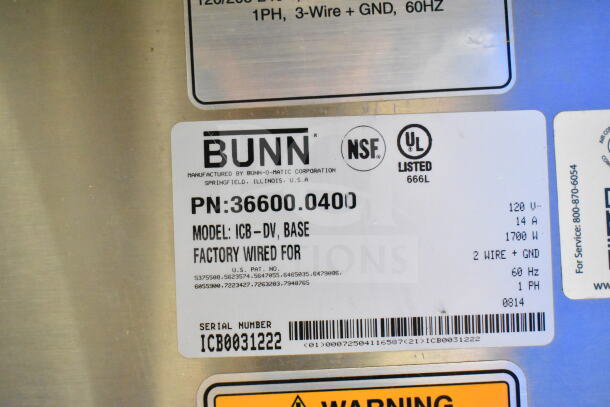 Bunn ICB-DV Commercial Coffee Machine label showing model, serial number IC80031222, and electrical specifications.