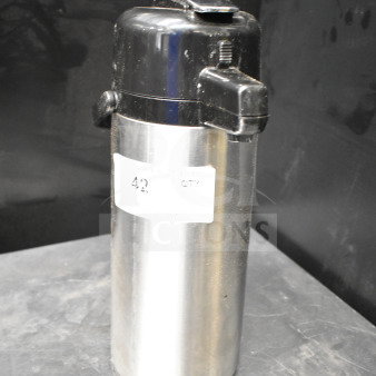 Stainless steel air pot with black lid, slight wear; label indicates quantity "42."