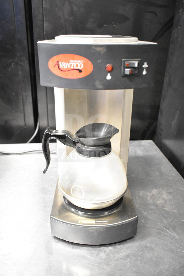 Avantco C10 Commercial Countertop Coffee Machine, 120 Volts, with glass carafe. Used condition, visible Avantco branding.